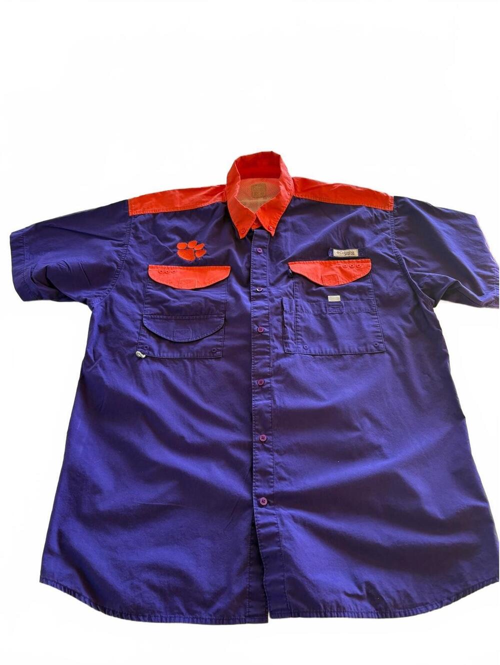 Columbia PFG Clemson Tigers Shirt Men 2XL Purple Orange Button Up Fishing Vented